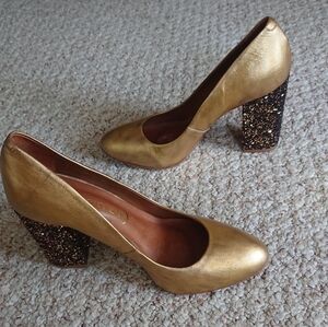 Anthropologie Vicenza Gold Chunky Heels with Glitter Block Heel size 37/36.5